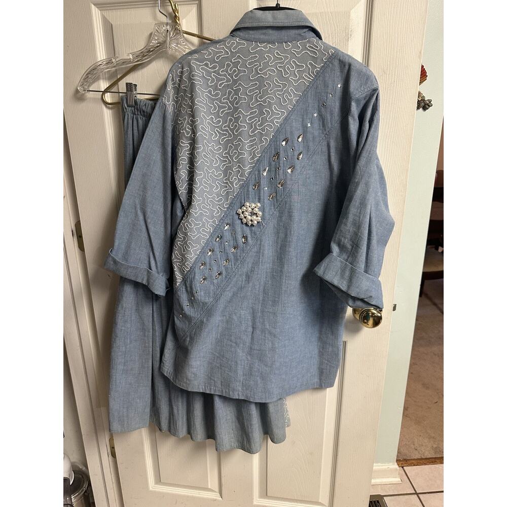 90s Beaded Mesh Western Denim Style Cowgirl Top & Skirt Set Small 4 Oversized